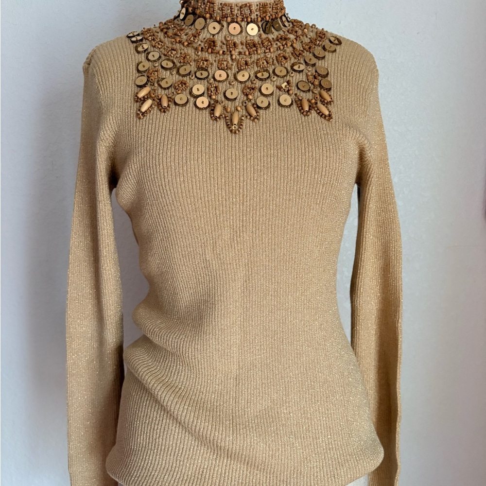 Vtg Once Again Womens M Gold Sequin Beaded Ribbed Knit Long Sleeve Sparkle Top - Picture 4 of 12